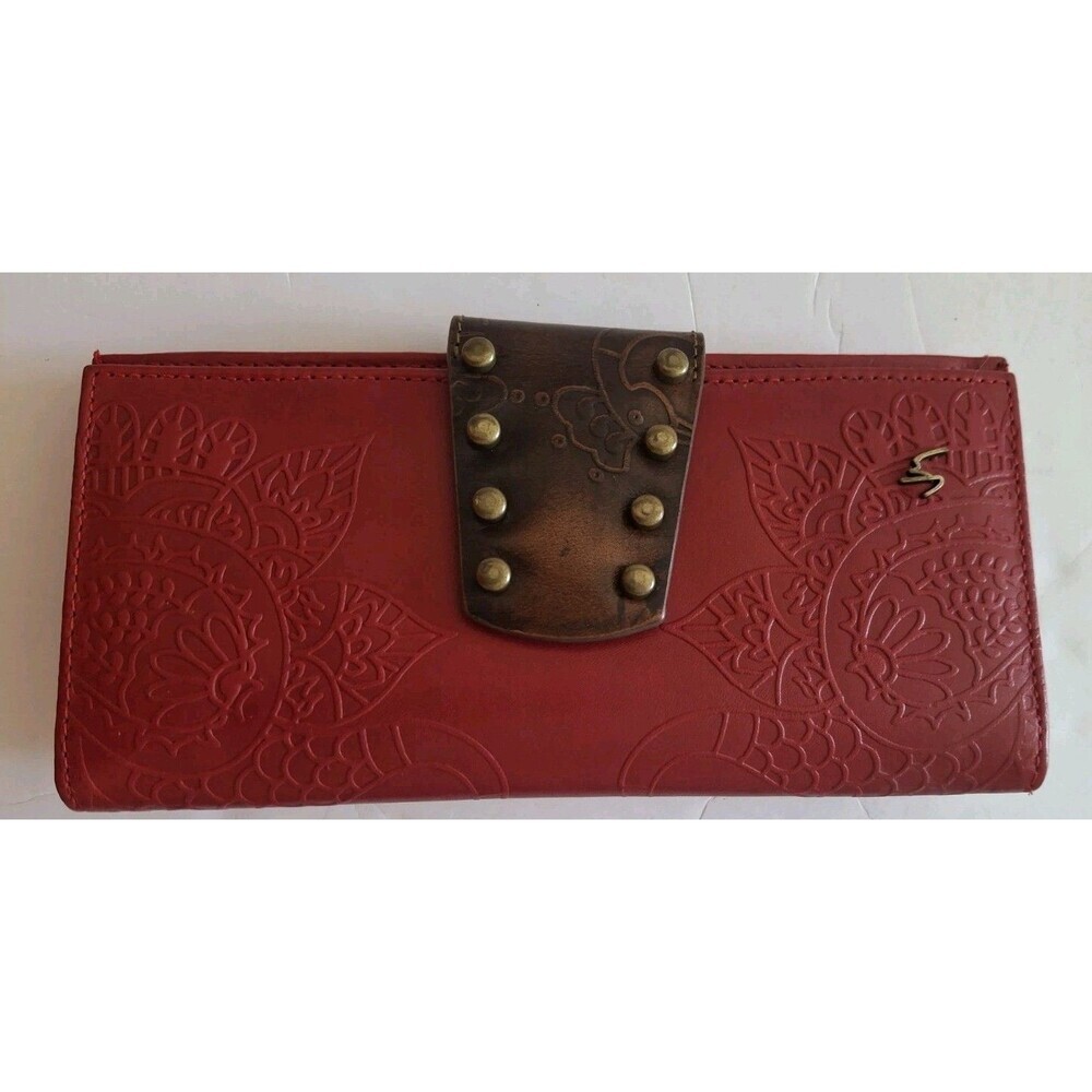 Velez Trifold Wallet Red Tooled Embossed Flowers Boho Western  Artisanal Cottage